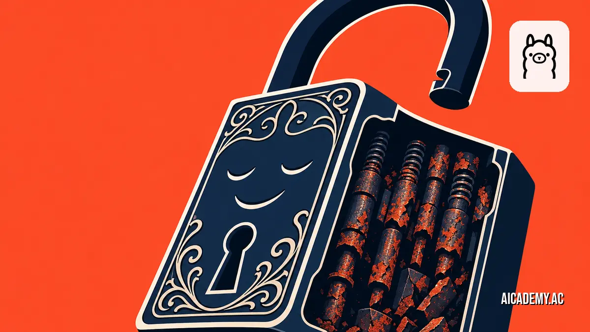 A sturdy padlock with a subtle, smiling mouth instead of a keyhole, symbolizing failed LLM security audits.